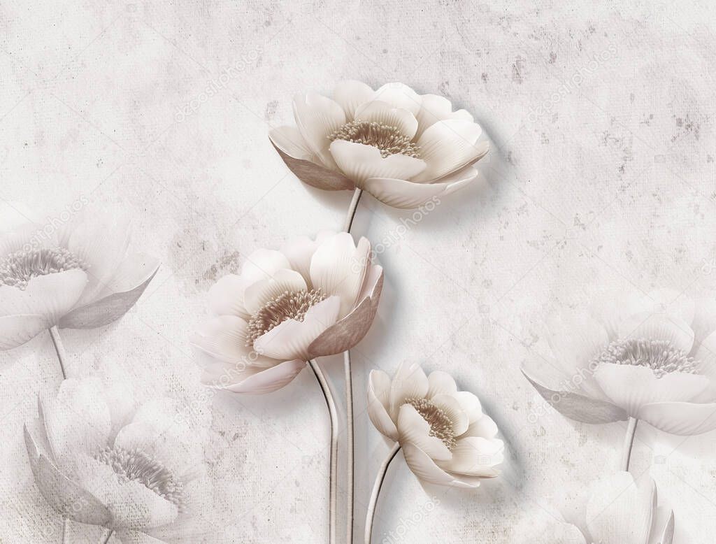 3d mural wallpaper with simple flowers in white background .modern flowers in simple wall