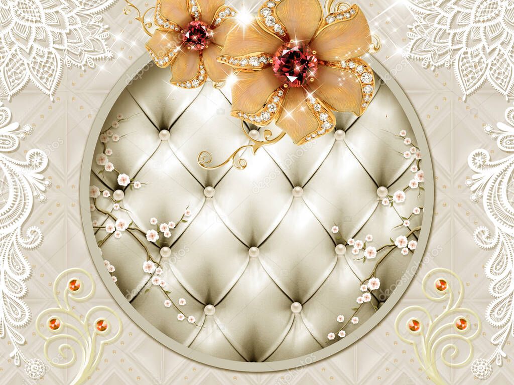 3d wallpaper for wall .leather in circle and golden flower . Jewelery and floral motifs