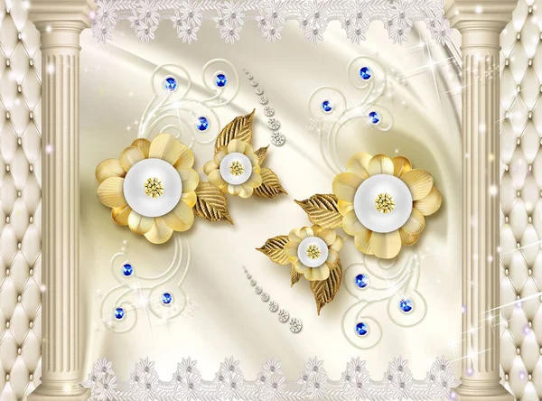 Goldene Wandtapete Spalten Schmuck Goldene Blumen Goldene Seide Hintergrund — Stockfoto