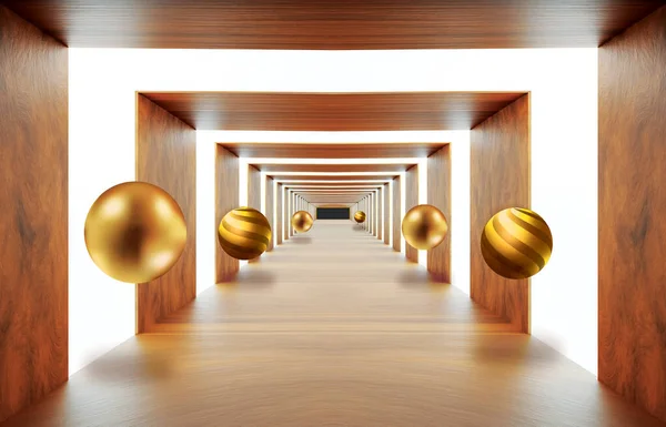 3d wooden mural wallpaper .illustration background tunnel with golden sphere . empty light hall background