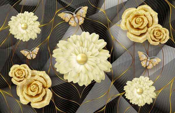 3d mural wallpaper for wall .abstract black background with golden flowers, lines and butterfly .