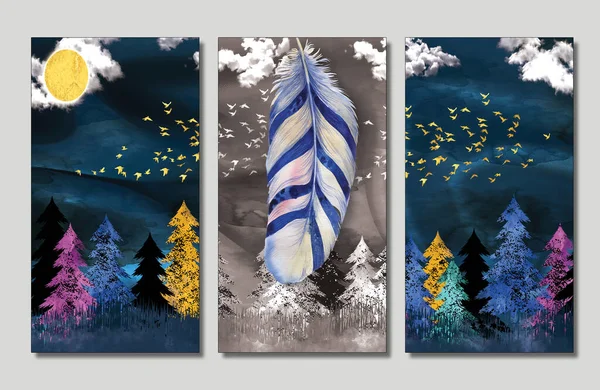 Ramki Ścianę Christmas Kolorowa Twierdza Chmur Ptaków Złoty Księżyc Pióro — Zdjęcie stockowe