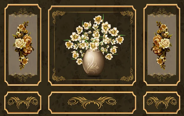 3d classic mural for wall .golden border and vase with flowers . Golden Motifs and dark background .