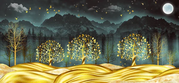 Modern Art Mural Wallpaper Dark Jungle Forest Background Golden Tree — Stock Photo, Image