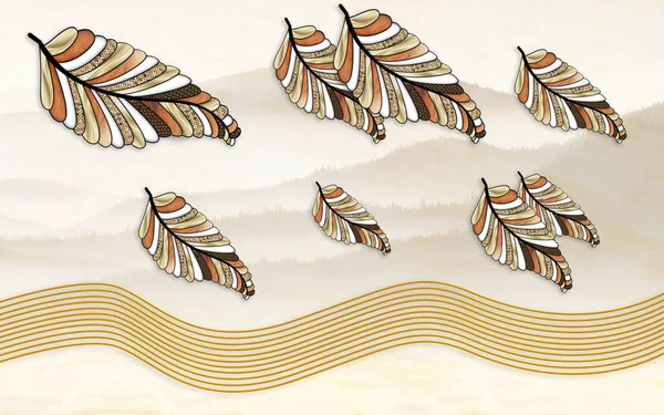 3d duvar kağıdı. Resim çizimi ağaç yaprakları, duvar dekorasyonu için altın çizgiler. Açık bej arkaplan