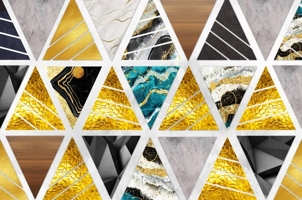 3d mural modern wallpaper .Decorative triangles with golden and marble in light gray background .For home wall decor .