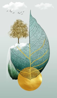 3D Çin manzarası. Gri arka plan altın ağaç ve kuşlar, dağlar ağaç yaprağı ve beyaz bulutlar. .