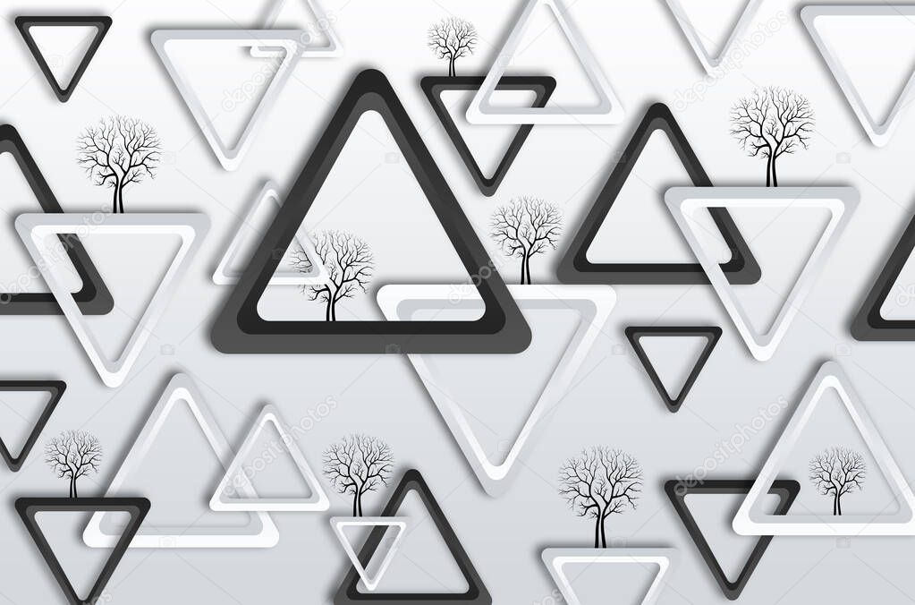 3d modern mural wallpaper .Black and white triangles with black tree in light gray background for wall art .