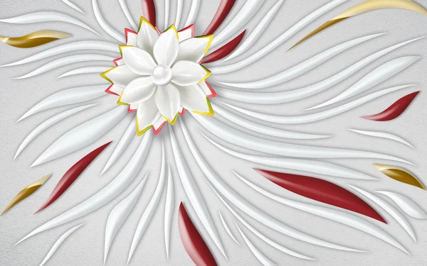 3d mural wallpaper decoration Abstract fractal fantastic golden flower .gray and red color in light gray background