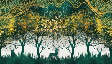 3D modern sanat duvar kâğıdı, koyu arkaplan. Geyik yeşili, altın kelebek ve altın dalga çizgileri olan orman ağaçları. Duvarlarda çerçeve olarak kullanılabilir