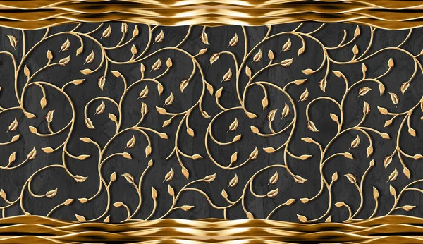 3d modern mural wallpaper .golden leafs branches and golden waves in black wood background .