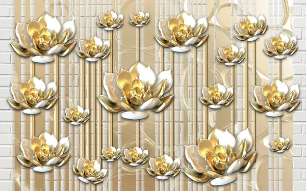 Klassieke Muurschildering Behang Gouden Bloemen Muur Bakstenen Achtergrond — Stockfoto