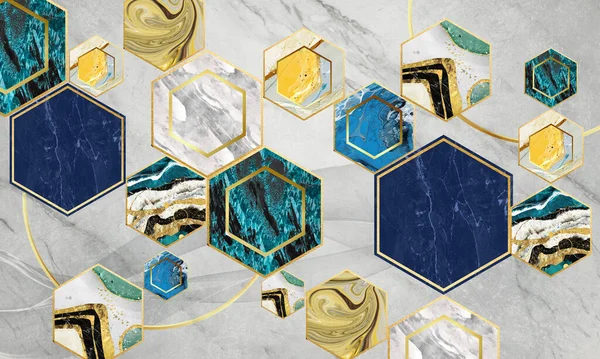 marble with golden lines in Hexagon shape with golden lines3d mural wallpaper for home decor .resin geode and abstract art, functional art, like watercolor geode painting .