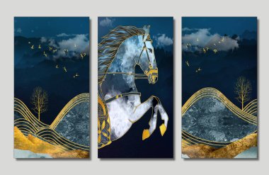 3D mural wallpaper suitable for wall frame canvas print .horse and golden trees with colored mountains . golden trees and birds with dark modern background 
