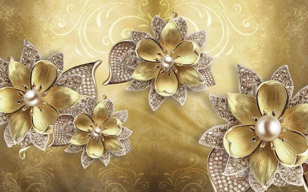 Behang Muurschildering Ontwerp Met Bloemen Geometrische Objecten Gouden Parels Gouden — Stockfoto