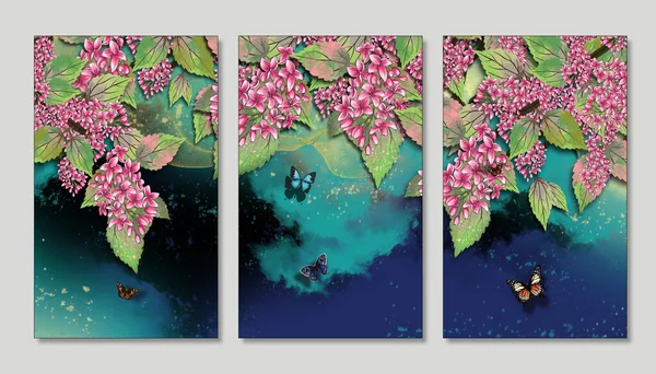 キャンバス壁紙の花の枝 鳥の背景を描いた 壁枠での使用に適しています — ストック写真