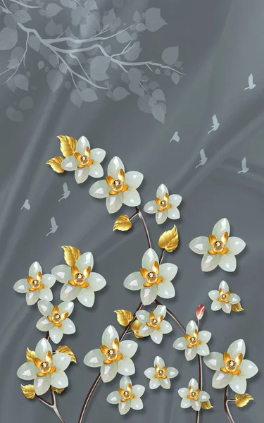 Rrt Tuval Altın Çiçekler Duvar Dekoru Için Gri Arkaplan Duvar — Stok fotoğraf