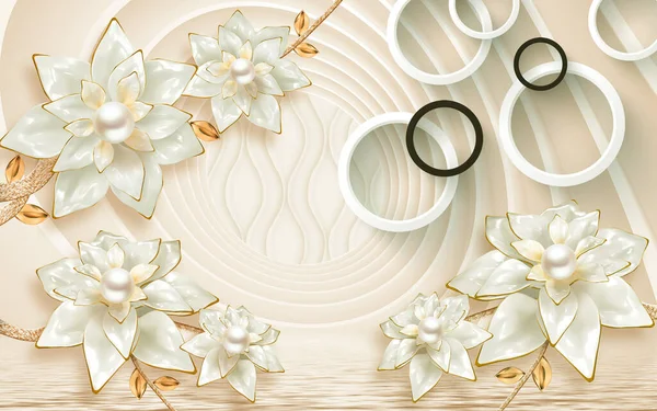 Goldene Blumen Und Weiße Kreise Hintergrund Wandbild Kunst Für Wohnkultur — Stockfoto