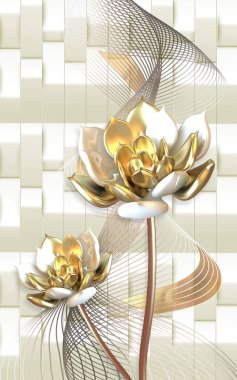 Soyut arka planı ve duvar dekorasyonu için dalga çizgileri olan 3D altın çiçekler.