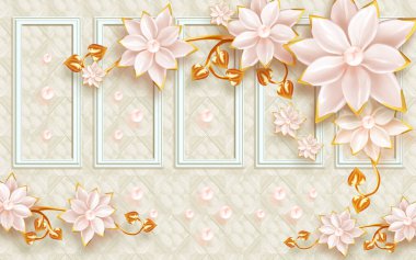 3D resimli duvar resmi duvar kağıdı. Klasik arka planda altın ve beyaz çiçekler ve ev tasarımları için inciler..