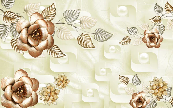 Χρυσά Λουλούδια Και Φύλλα Και Λευκά Μαργαριτάρια Φόντο Mural Τέχνη — Φωτογραφία Αρχείου
