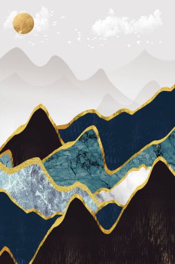 Açık gri arkaplanı olan 3D modern duvar kağıdı. Altın, siyah, beyaz ve turkuaz dağlar. Kuşlarla gökyüzünde güneş. Duvarlarda çerçeve olarak kullanılabilir .
