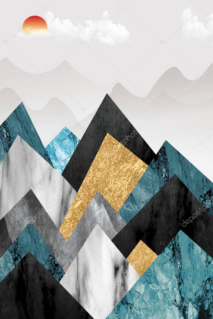 3d modern art mural wallpaper with light gray background. golden, black, white and turquoise mountains. sun in the sky with birds. Suitable for use as a frame on walls .
