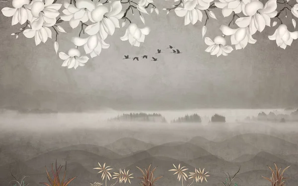 Bloemen Muurbehang Met Lichte Eenvoudige Achtergrond Takken Van Bloemen Kruiden — Stockfoto