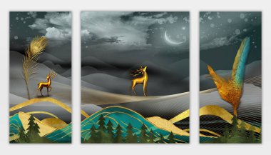 3D Modern Sanat Duvar Kağıdı. Koyu mavi ormanlı gece manzarası. Koyu mavi arka plan. Renkli Noel ağacı, dağ, tüy, ay, altın geyik ve altın dalgalar. .