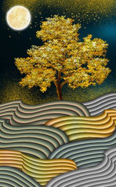 Resimli dekoratif tuvaller, renkli dalgalı çizgiler, ay ve altın noel ağacı ve kuşlar. Tablo çerçeve sanatı için koyu siyah arkaplan..