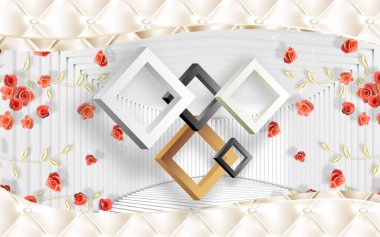 3D duvar kağıdı ev dekorasyonu 3D üçgenler ve kırmızı çiçekler beyaz ve altın arkaplan. Klasik duvar resmi.