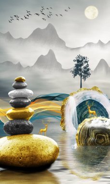 3d modern canvas art mural wallpaper landscape lake and wavy lines background. moon in water and golden christmas tree, deer, gray mountain, stone sun, and clouds and birds. for use as a frame on wall clipart