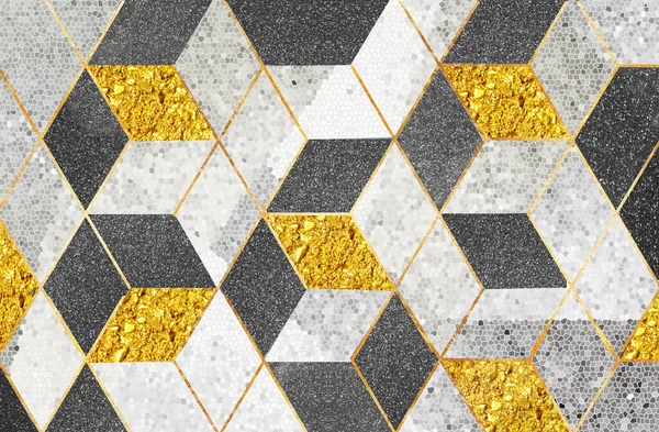 3d abstract wallpaper.geometric black and golden cubes in mosaic background .for wall home decorative