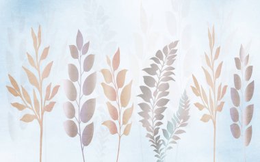 Üç boyutlu duvar kâğıdı. Açık gri arka planda donanma ağaç dalları ve yaprakları. Duvar ev dekorasyonu