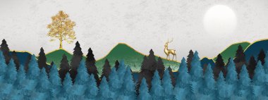 3D modern tuval resim duvar kağıdı manzara ayı, siyah ve mavi altın noel ağaçları, renkli dağlar. geyik ve güneş ay iç duvar dekoru