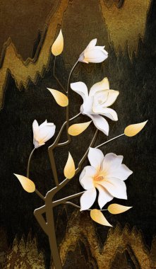 dikey boyalı 3 boyutlu ağaç duvar resmi açık beyaz çiçekli, kahverengi gövdeli klasik mermer arkaplan çizimi. duvar evi dekorasyonu