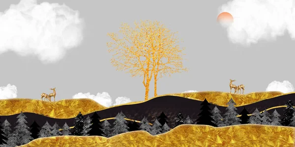 3D modern tuval resim duvar kağıdı kahverengi ağaçlar ve mermer arka plan. Altın geyik, noel ağacı, altın ve siyah dağlar, geyikli güneş. duvardaki çerçeve için