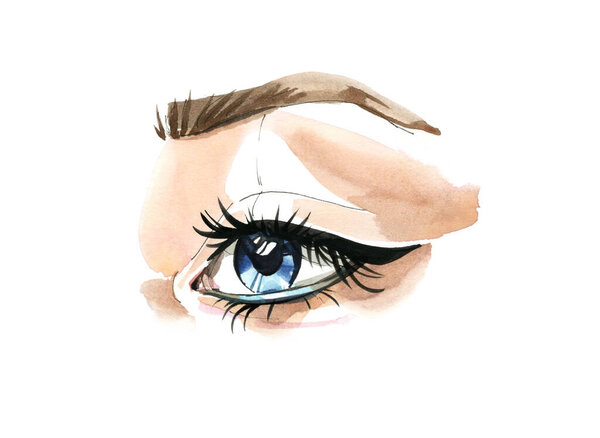 Open eye and long eyelashes in watercolor technique. Natural looking blue eye. Hand drawn illustration isolated on white background. Realistic design for mascara and beauty products