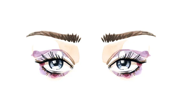 Beautiful eyes and long eyelashes in watercolor technique. Purple eyeshadows and blue eyes. Hand drawn illustration isolated on white background. Realistic design for mascara and beauty products — Stock Photo, Image