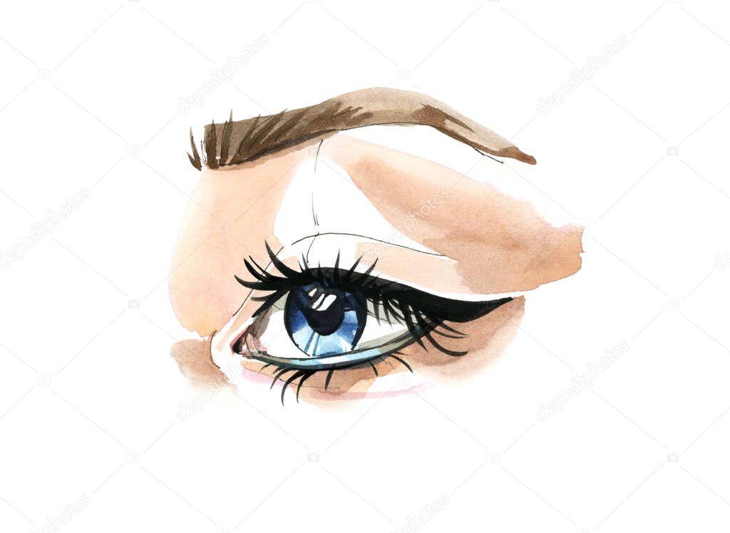 Open eye and long eyelashes in watercolor technique. Natural looking blue eye. Hand drawn illustration isolated on white background. Realistic design for mascara and beauty products