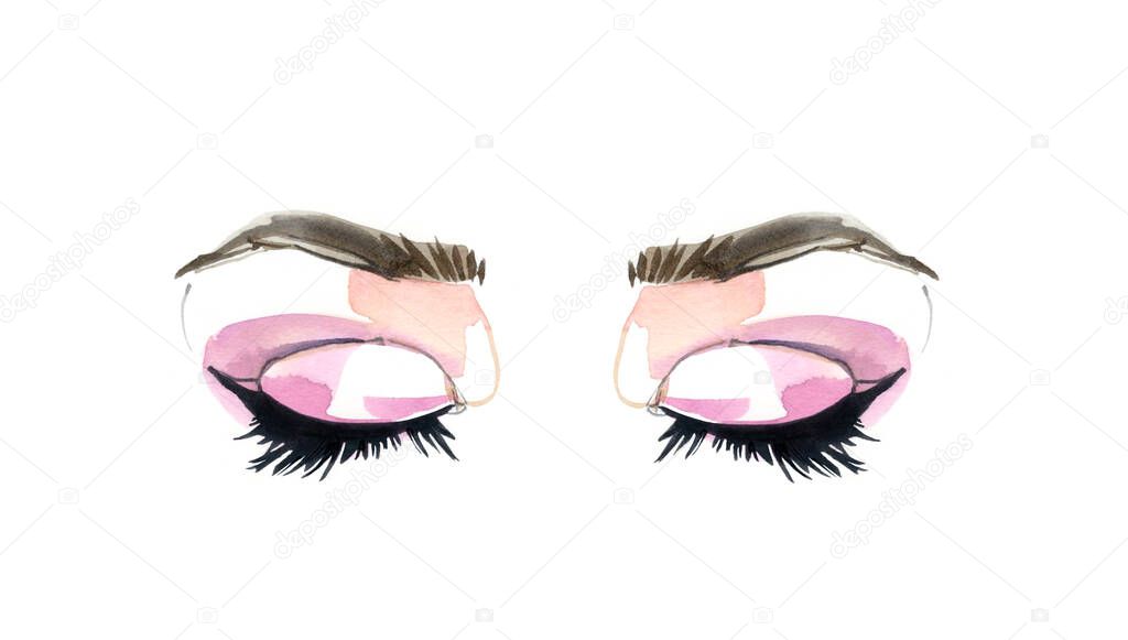Eyes and long eyelashes in watercolor technique. Pink eyeshadows and closed eyes. Hand drawn illustration isolated on white background. Realistic design for mascara and beauty products