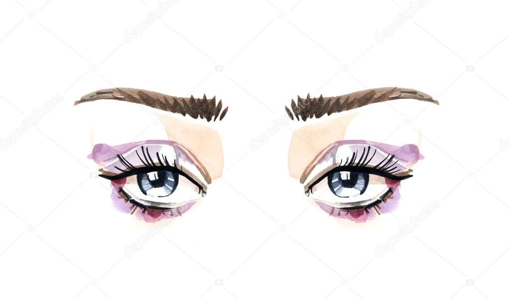 Beautiful eyes and long eyelashes in watercolor technique. Purple eyeshadows and blue eyes. Hand drawn illustration isolated on white background. Realistic design for mascara and beauty products