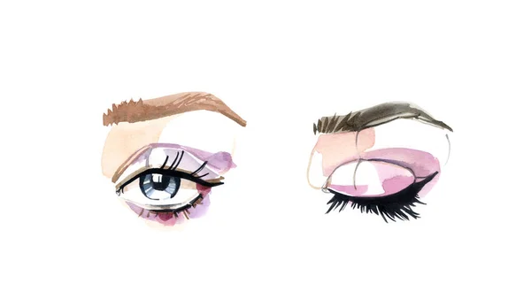 Eyes and long eyelashes in watercolor technique. Open and closed eye with pink eyeshadows. Brown eyebrows. Hand drawn illustration isolated on white for mascara and beauty products — Stock Photo, Image