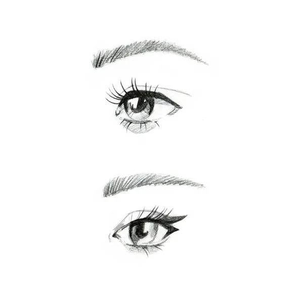 Hermosos ojos, pestañas largas y cejas. Dibujo a lápiz. Conjunto de dos ilustraciones dibujadas a mano aisladas sobre fondo blanco. Diseño realista para rímel y productos de belleza —  Fotos de Stock