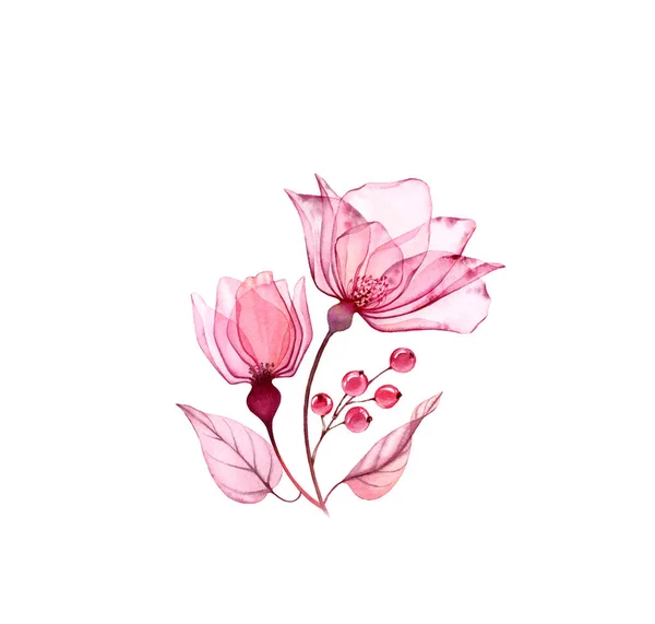 水彩のバラの花束。葉と果実が白い上に孤立した2つのピンクの花。詳細な花弁で手描きのアートワーク。カード、結婚式のデザインのための植物イラスト — ストック写真