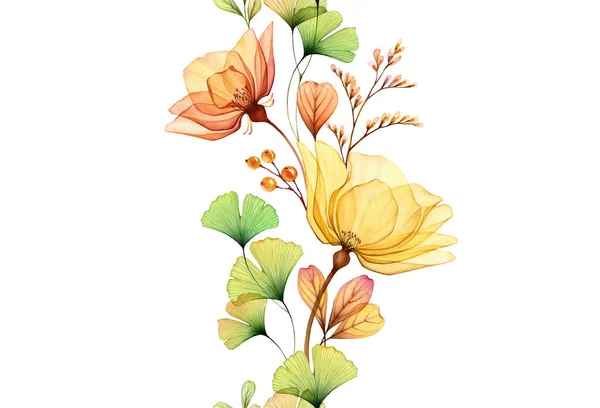 Borde floral sin costuras de acuarela. Rosas amarillas abstractas, hojas de gingko y sobre blanco. Ilustración dibujada a mano aislada para el diseño del papel pintado, textil, tela — Foto de Stock