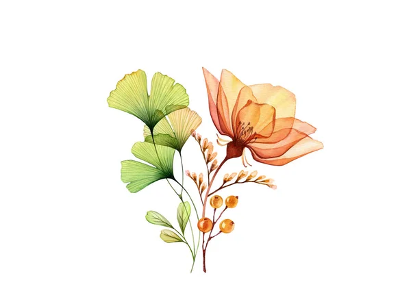 水彩のバラの花束。緑色の銀杏の葉を持つ透明なオレンジ色の花は白い上に隔離されます。手描きのヴィンテージアレンジ。カード、結婚式のデザインのための植物イラスト — ストック写真