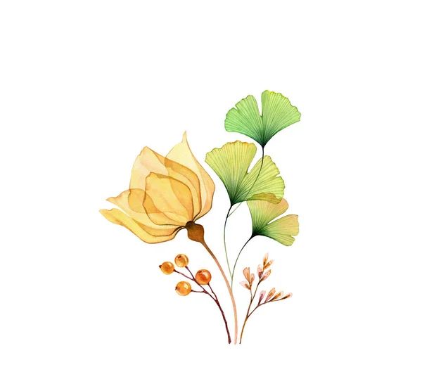 Arranjo floral aquarela. Rosa amarela transparente com folhas de ginkgo verde isoladas em branco. Bouquet moderno pintado à mão. Ilustração botânica para cartões, design de casamento — Fotografia de Stock