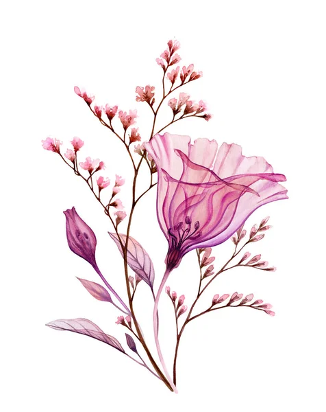 Akvarelová kytice. Průhledný eustom květ s jemnými větvemi izolované na bílém. Ručně malované vinobraní. Botanická ilustrace na přání, svatební design — Stock fotografie