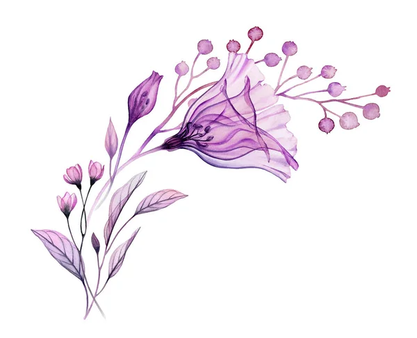 Aquarell-Blumenbogen. Lila Eustoma-Blüten, Beeren und Blätter. Eckgestaltungselement. Transparente florale Komposition isoliert auf Weiß. Abstrakte botanische Illustration für Karten, Hochzeitsdesign — Stockfoto